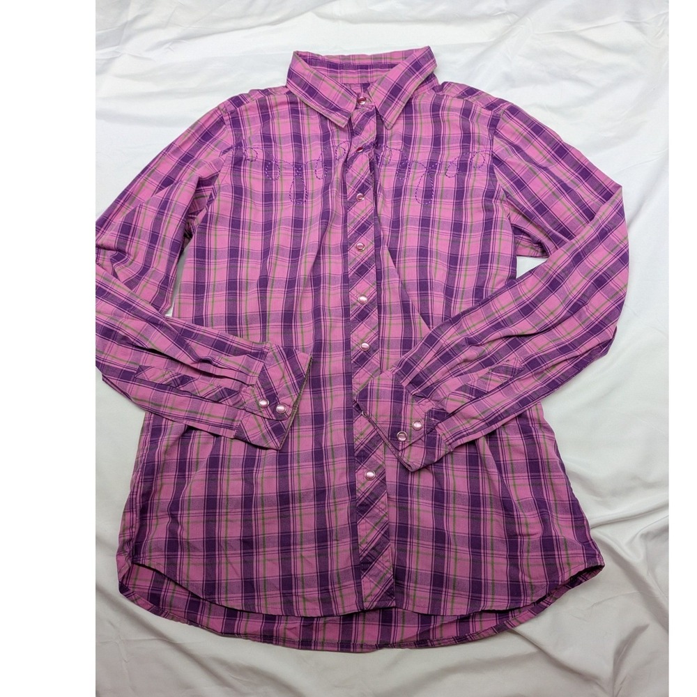 Bit & Bridle Womens Western Plaid Pearl Snap Shirt Pink Purple Embroidered Small